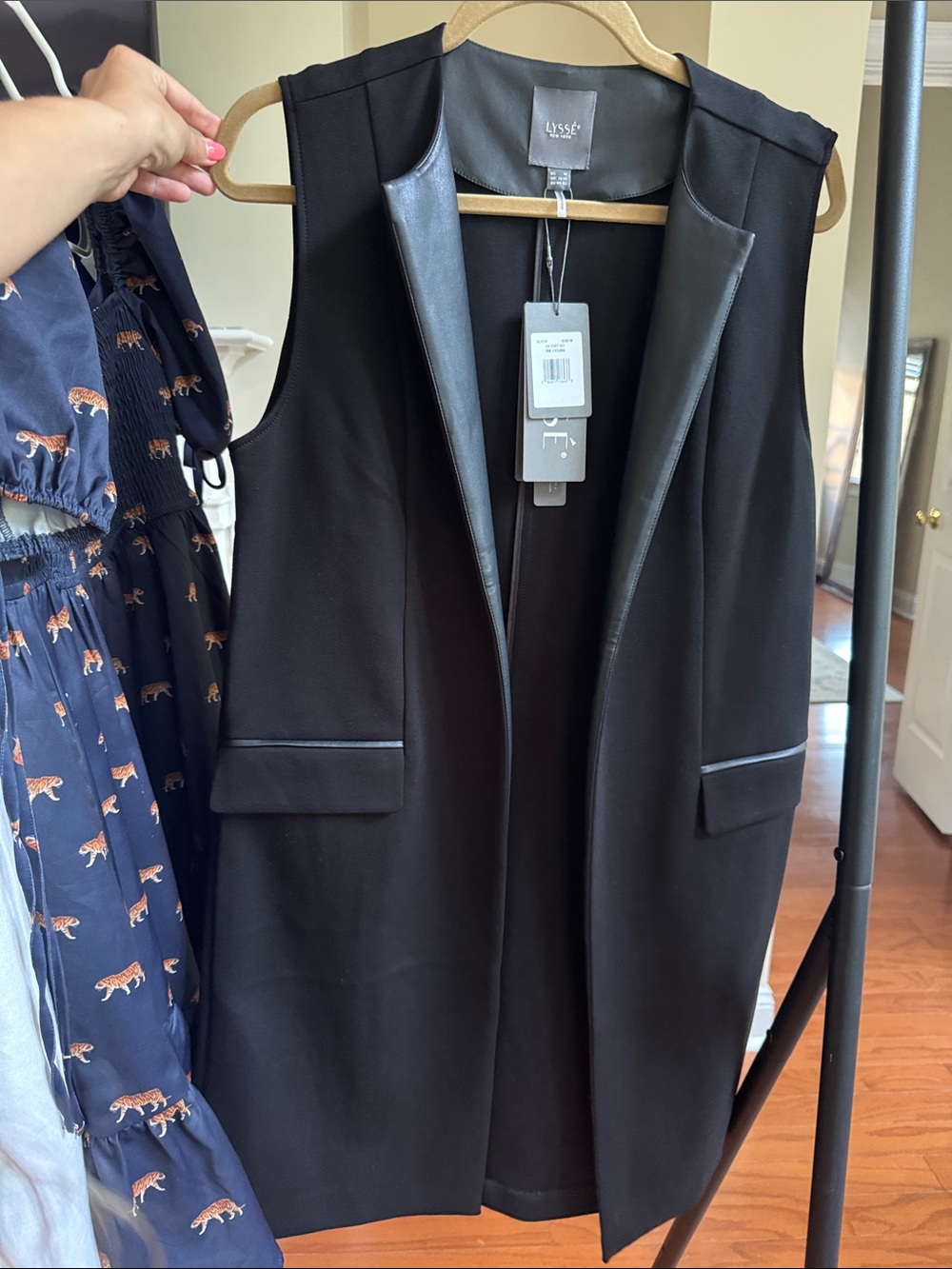 Lysse Black Sleeveless Long Vest with Faux-Leather Trim